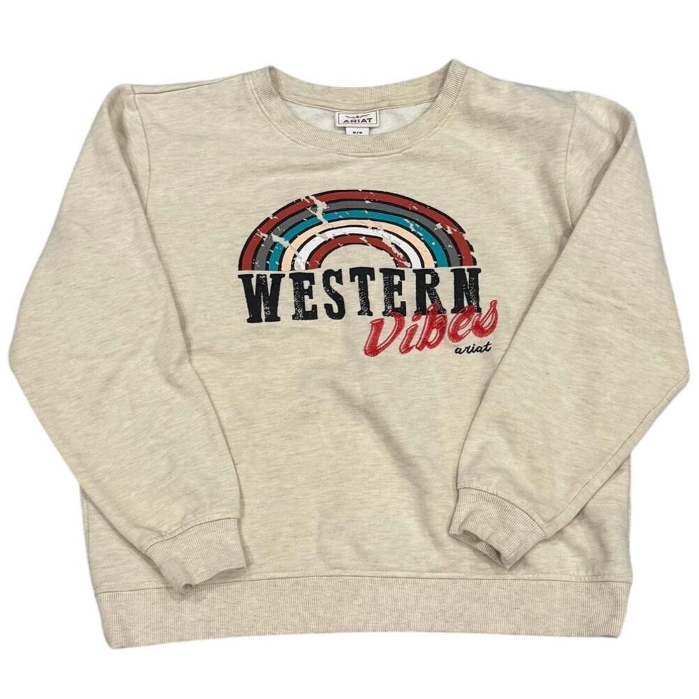 Ariat Women's M Oatmeal Wild One Western Rainbow Graphic Crewneck Sweatshirt EUC